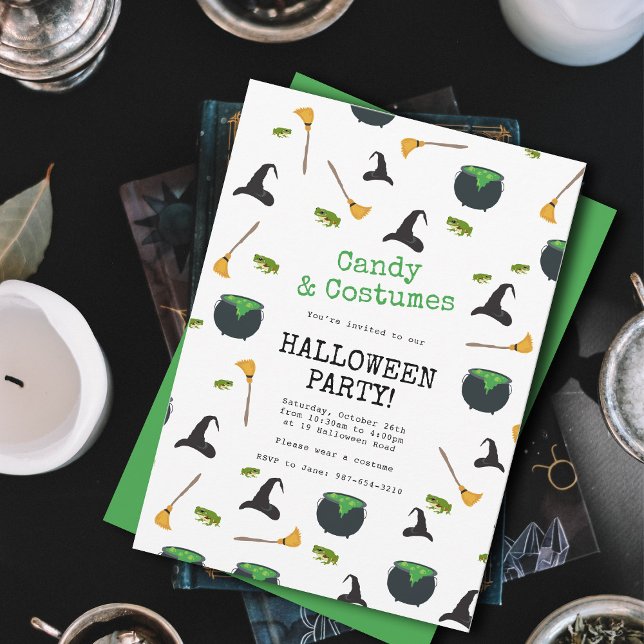 Invitation Sorcière Casquette Broom Caldron Green Halloween P (Witch Hat Broom Caldron Green Halloween Party Invitation)