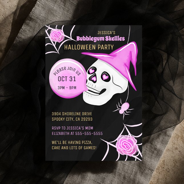 Invitation Sorcière Casquette Bubblegum Skellies Halloween Pa (PINK AND BLACK BUBBLEGUM SKELLIES HALLOWEEN PARTY INVITATION)