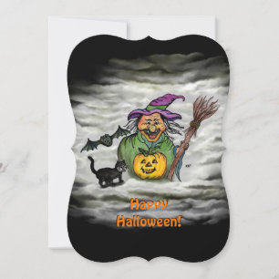 Invitation Sorcière, Chat, Chauve-souris et Citrouille, Bonne