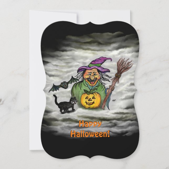 Invitation Sorcière, Chat, Chauve-souris et Citrouille, Joyeu (Devant)