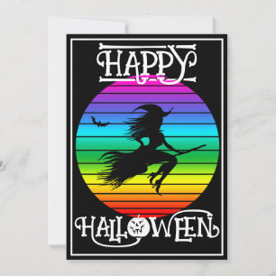 INVITATION SORCIÈRE COLORÉE DRÔLE SUR BALAI FÊTE D'HALLOWEEN