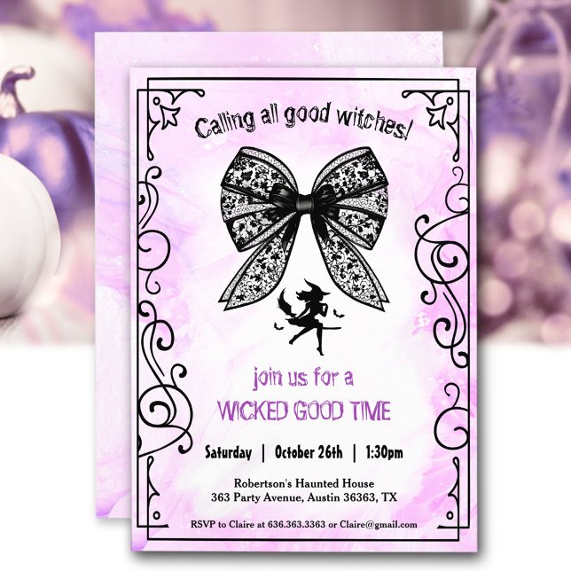 Invitation Sorcière Coquette Bow Halloween Filles Fête de nui (Witch Coquette Bow Halloween Girls Night Party Invitation)
