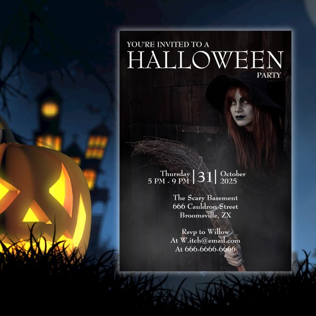 Invitation Sorcière de balai gothique moderne d'Halloween Gra (Créateur téléchargé)