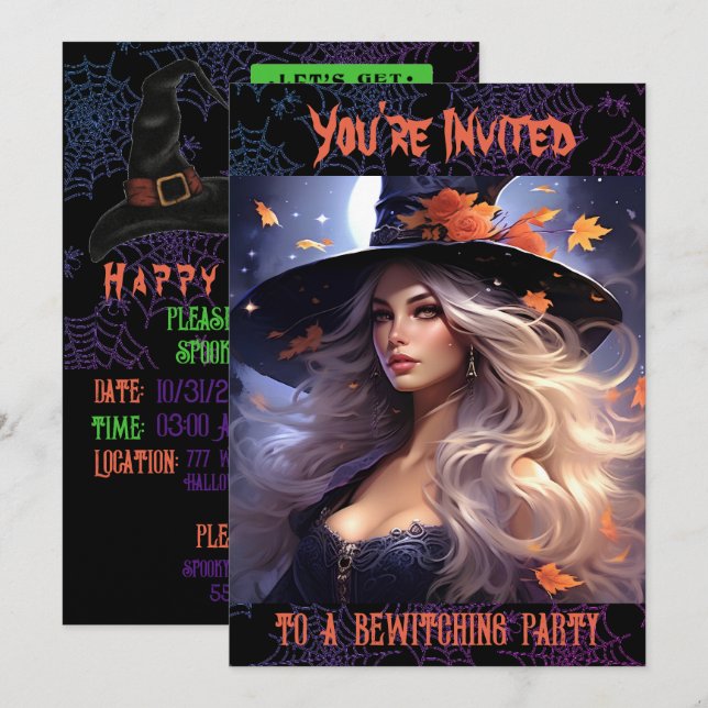 Invitation Sorcière d'Halloween (Devant / Derrière)