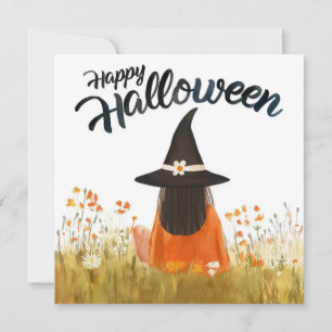 Invitation Sorcière d'Halloween dans un champ de fleurs
