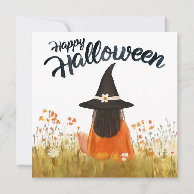 Invitation Sorcière d'Halloween dans un champ de fleurs (Devant)
