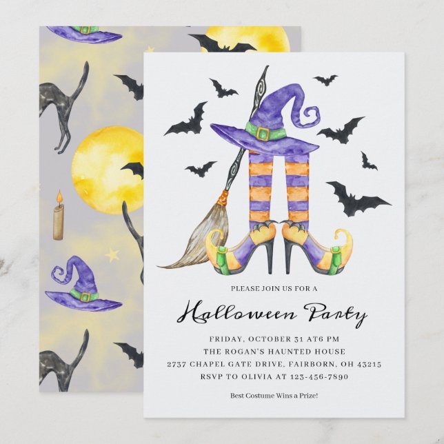 Invitation Sorcière d'Halloween Fête des Jambes et Chapeau (Devant / Derrière)