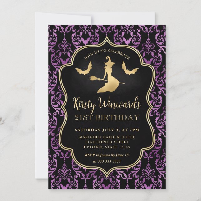 Invitation Sorcière dorée et chauves-souris Damassé 21e anniv (Devant)