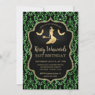 Invitation Sorcière dorée et damas d'araignées pour 21e anniv