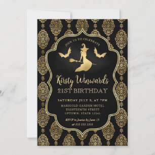 Invitation Sorcière dorée et motif damassé pour 21e anniversa
