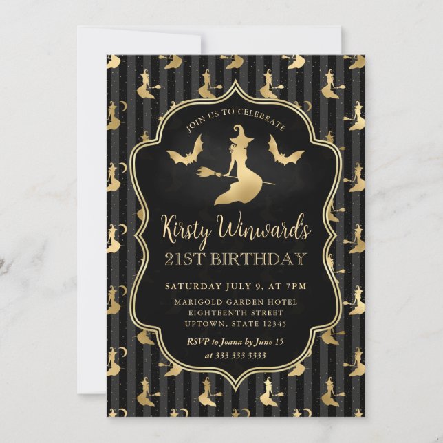 Invitation Sorcière dorée et motif rayé 21e anniversaire (Devant)
