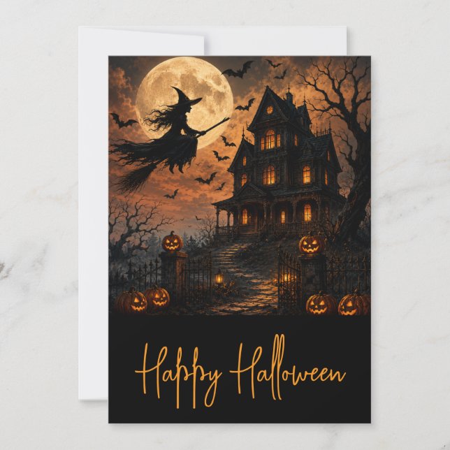 Invitation Sorcière effrayante d'Halloween volant au-dessus d (Devant)