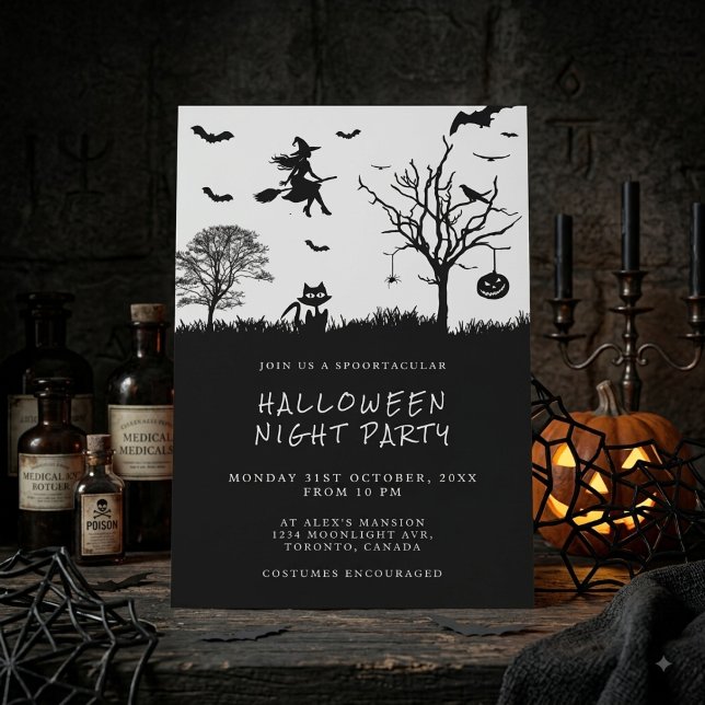 Invitation Sorcière effrayante Fête d'Halloween en noir et bl (Créateur téléchargé)