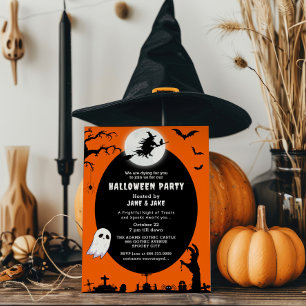 Invitation Sorcière éffrayante sur la Lune Orange Halloween P
