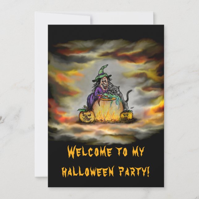 Invitation Sorcière et chat noir, Joyeux Halloween ! (Devant)