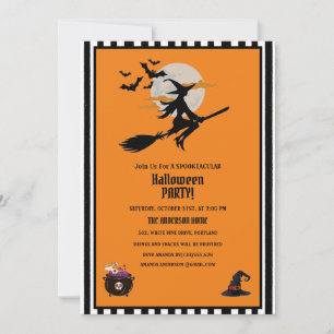 Invitation Sorcière et chauves-souris volantes Orange Hallowe
