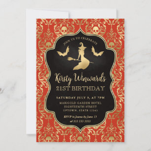 Invitation Sorcière et crânes Orange Gold et Damassé 21e Anni