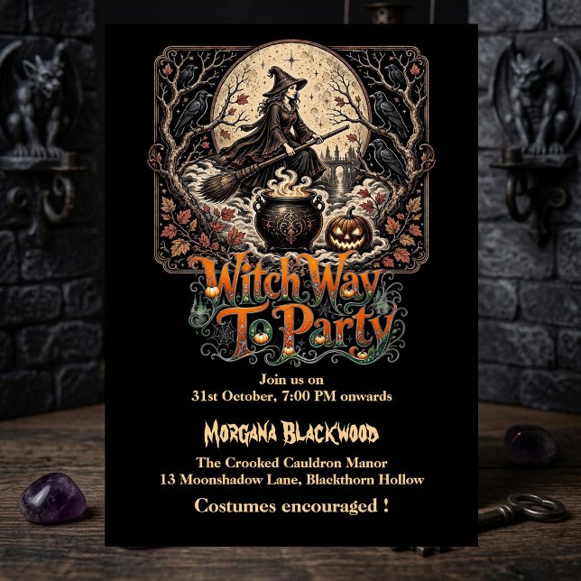 Invitation Sorcière façon de faire la fête Pleine Lune Chaudr (Witch Way to Party Full Moon Magic Cauldron Gothic Invitation)
