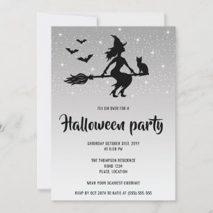 Invitation Sorcière Glamour Argent Et Noir Soirée Halloween