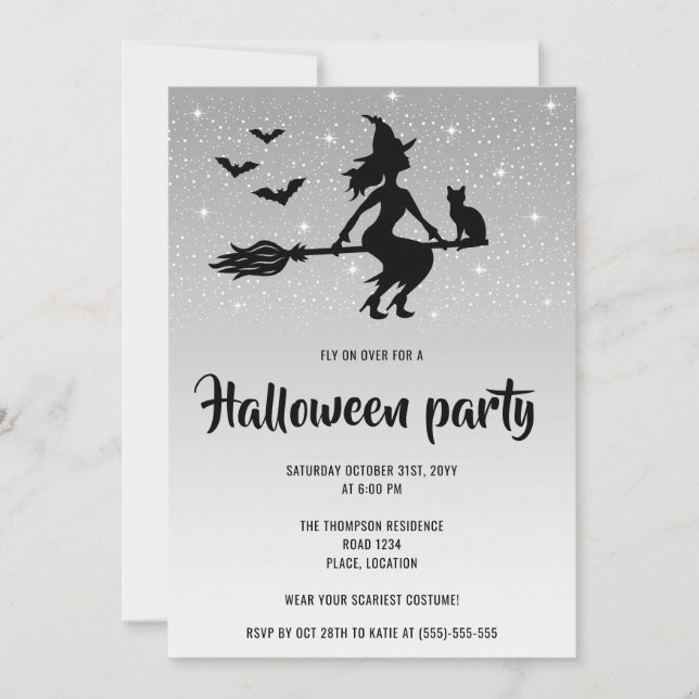Invitation Sorcière Glamour Argent Et Noir Soirée Halloween (Devant)