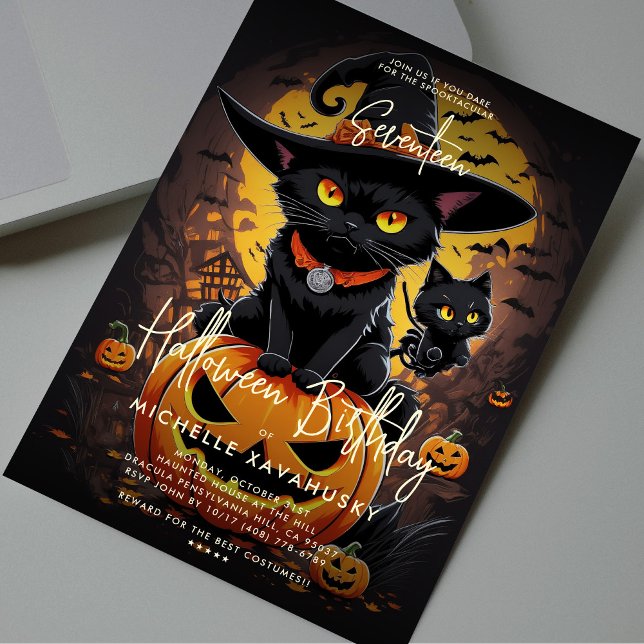 Invitation Sorcière gothique de chat noir Halloween fête d'an (Gothic Cute Cat Witch Halloween Birthday Party Invitation
)