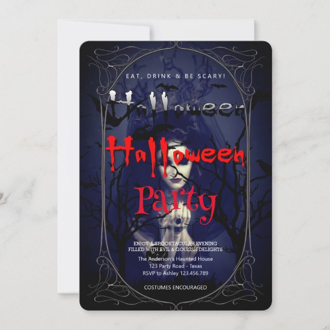 Invitation Sorcière gothique du parti d'Halloween et maison h (Devant)