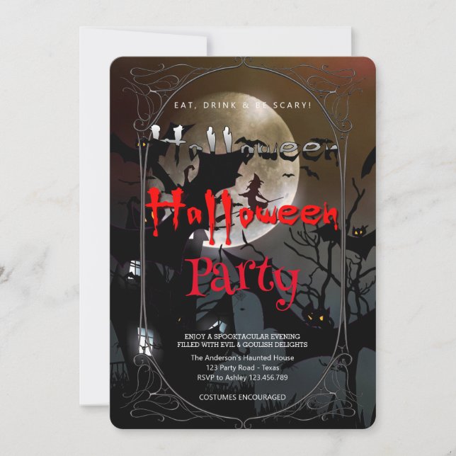 Invitation Sorcière gothique du parti d'Halloween et maison h (Devant)