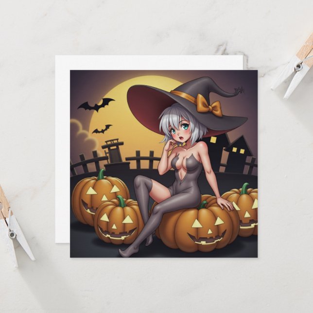 Invitation Sorcière Halloween d'Œil Vert sur des Jack-O-Lante (Devant/Arrière en situation)