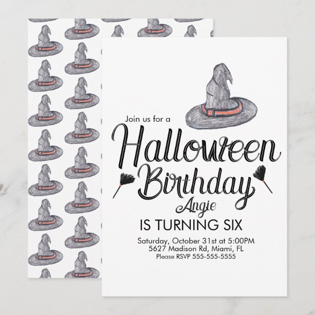 Invitation Sorcière Halloween Doodle Anniversaire (Devant / Derrière)