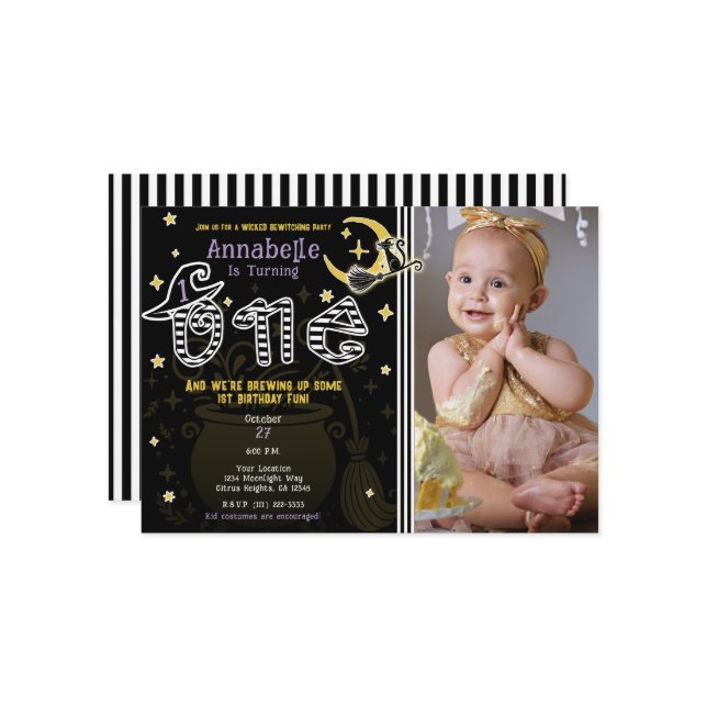 Invitation Sorcière jaune et noire Halloween 1er anniversaire (Devant/Arrière en situation)