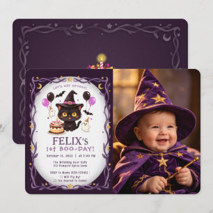 Invitation Sorcière Mignonne Chat Noir Magicien 1er Anniversa