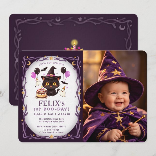 Invitation Sorcière Mignonne Chat Noir Magicien 1er Anniversa (Devant / Derrière)