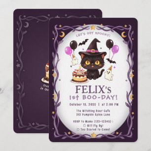 Invitation Sorcière Mignonne Chat Noir Magicien 1er Anniversa
