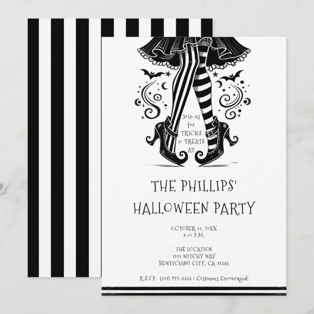 Invitation Sorcière Noir & Blanc Jambes Fantaisie Soirée Hall (Devant / Derrière)