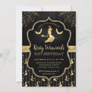 Invitation Sorcière noire et or et chauves-souris damassé 21e