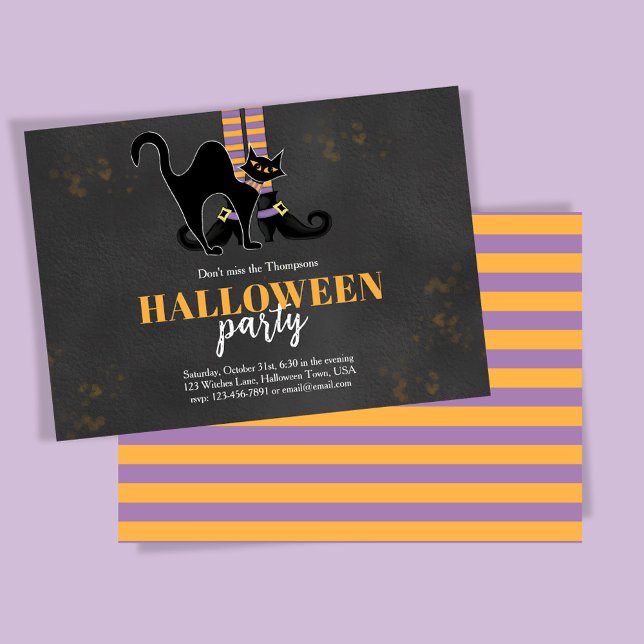 Invitation Sorcière noire et orange Chat noir fête d'annivers (Whimsical Halloween party invitations with witch and black cat. )