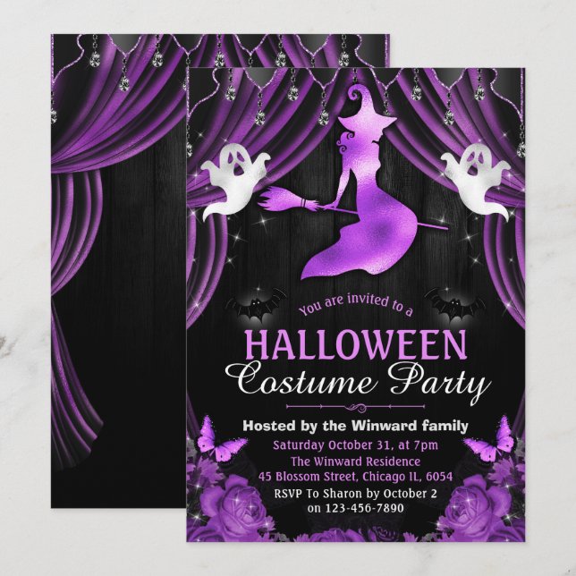 Invitation Sorcière noire et violette et rideaux scintillants (Devant / Derrière)