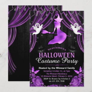 Invitation Sorcière noire et violette et rideaux scintillants