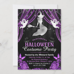 Invitation Sorcière noire et violette et rideaux scintillants