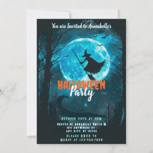 Invitation Sorcière Pleine lune Bats Forest Halloween Party