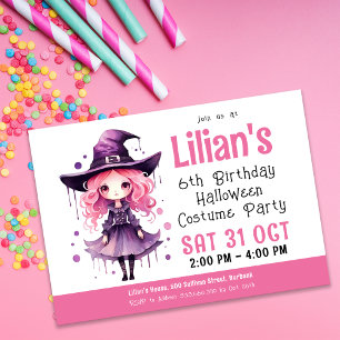 Invitation Sorcière rose Halloween Costume fête Anniversaire