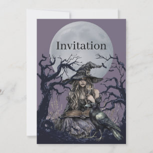 Invitation Sorcière sinistre lançant un sortilège dans une fo
