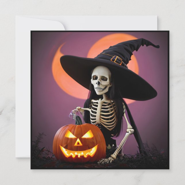 Invitation Sorcière squelette avec la fête d'Halloween de cit (Devant)