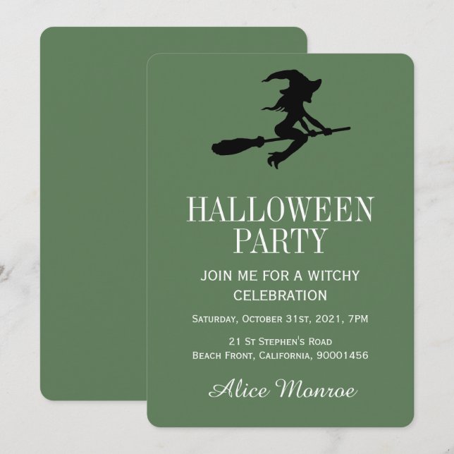 Invitation Sorcière Sur Broomstick, Parti D'Halloween (Devant / Derrière)