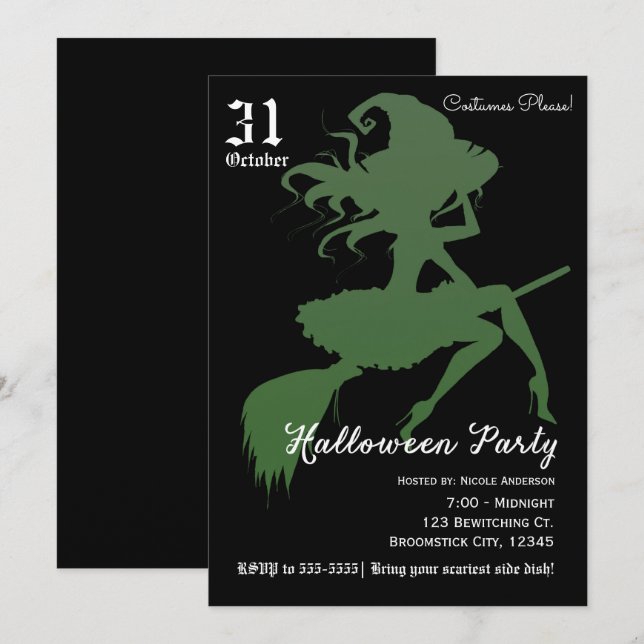 Invitation Sorcière verte balai volant Halloween Party (Devant / Derrière)