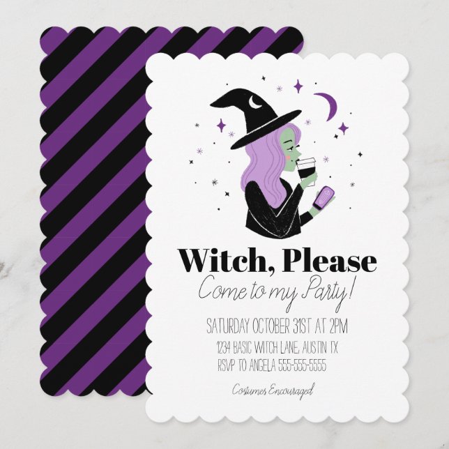 Invitation Sorcière, viens à ma fête, s'il te plaît (Devant / Derrière)