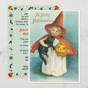 Invitation Sorcière vintage Cute Avec Halloween Chat