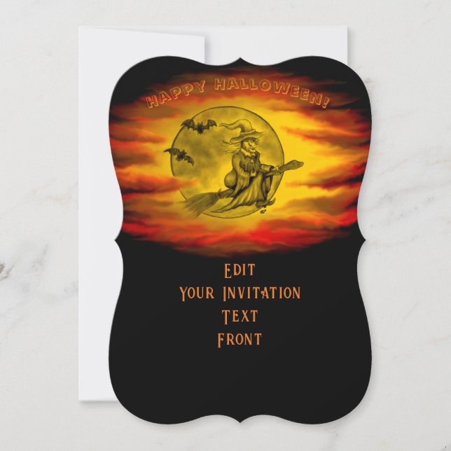 Invitation Sorcière volante avec chat noir, nuit halloween (Devant)