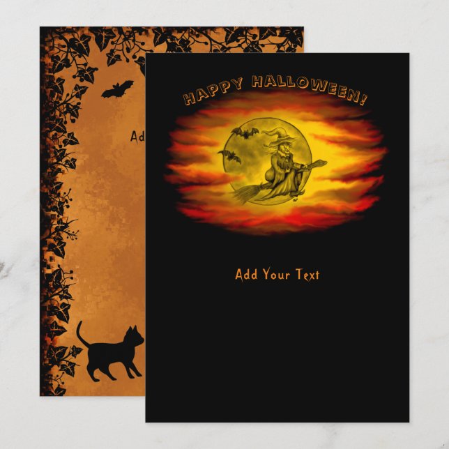 Invitation Sorcière volante avec chat noir, nuit halloween (Devant / Derrière)