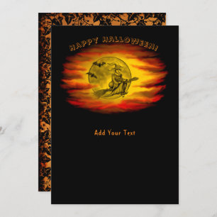 Invitation Sorcière volante avec chat noir, nuit halloween